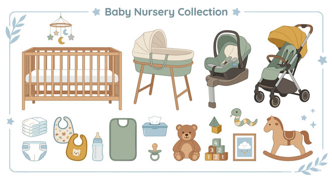 Collection of essential baby nursery items and toys for a newborn's room