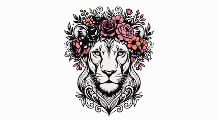 Obraz premium Lion head with floral crown and ornamental mandala style patterns