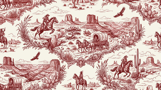 Vintage Western landscape with cowboys, horses, and covered wagons in a toile pattern