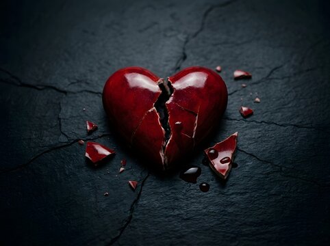 Broken red heart on dark cracked surface
