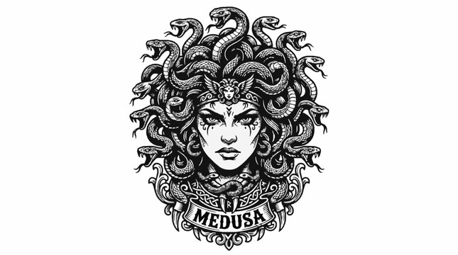 Medusa head illustration with snakes, intricate black and white vector design