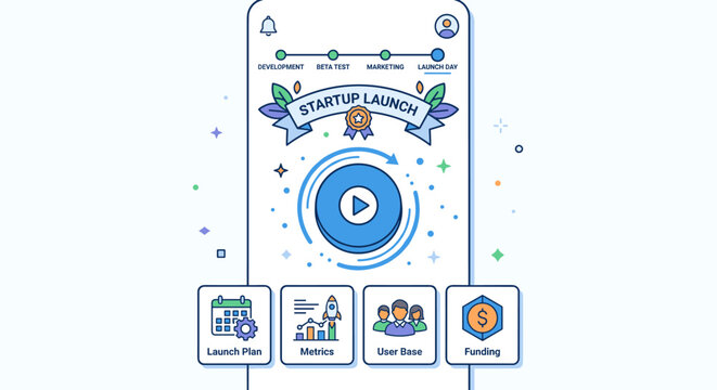 Startup launch process visualized on a mobile app interface with key stages