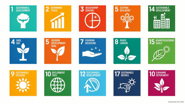 Colorful collection of icons representing sustainable development goals including environment education and equality