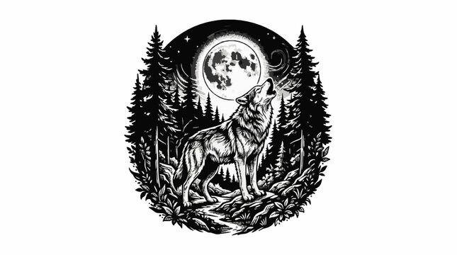 Wolf howling at the full moon in a pine forest, black and white ink illustration