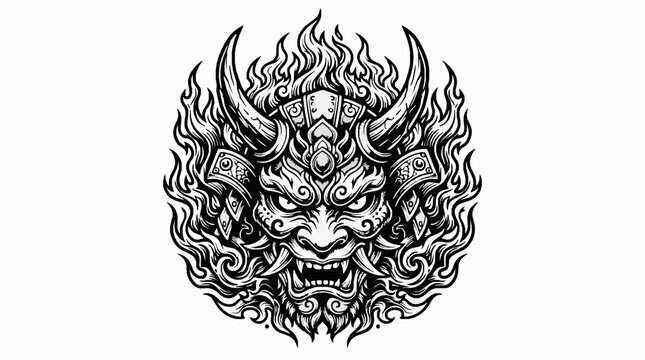 Japanese oni mask samurai warrior head illustration with flames