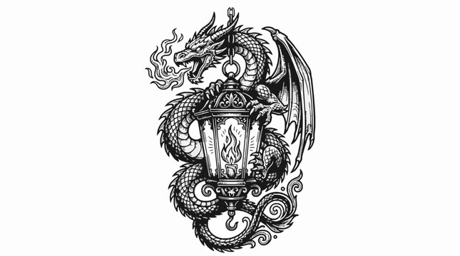 Dragon holding a vintage lantern with fire breath, detailed black and white illustration