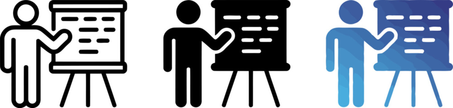 Presentation Set Showing a Person Standing Next to a Flip Chart in Outline Solid Black and Blue Gradient Styles