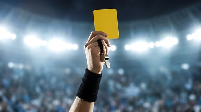 Referee hand raises yellow card and blows whistle in stadium filled with cheering fans under bright stadium lights.