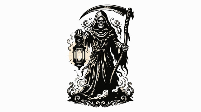 Grim reaper holding a lantern and a scythe