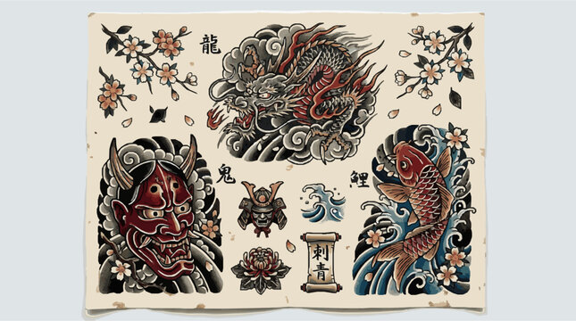 Traditional japanese tattoo flash sheet with dragon, oni mask, koi fish, and samurai helmet