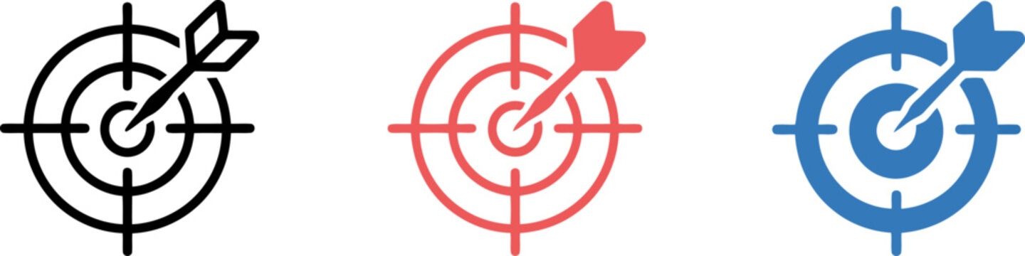Target and Dart Set in Outline Red and Blue Styles Representing Goal Achievement and Focus