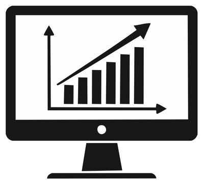 Computer screen displaying a rising bar graph with an upward trending arrow indicating business growth success