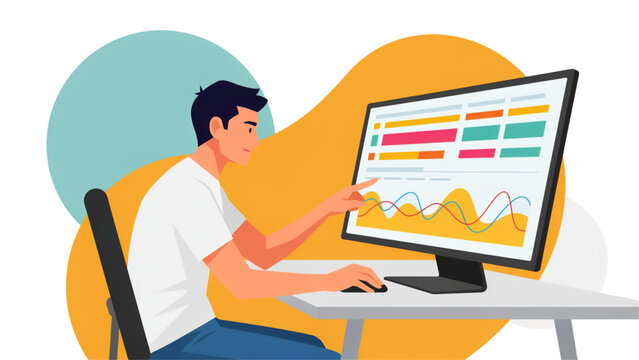 Person working on laptop with analytics and charts on screen in modern office setting Vector