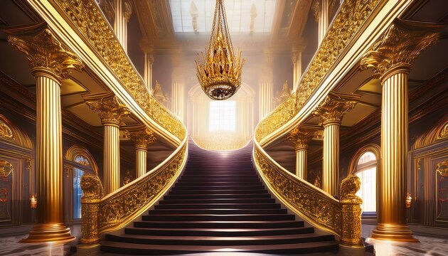 a grand golden staircase leading up to a majestic crown suspended from the ceiling in a palace