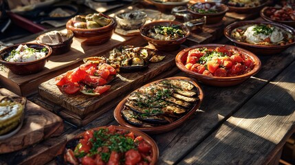 Fototapeta premium A rustic outdoor mezze setup with eggplant dishes served on wooden boards with sunlight casting natural highlights and shadows