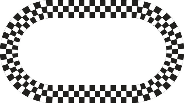 Black and white checkered race track oval border frame isolated on white background for sports events and automotive competition graphic design templates