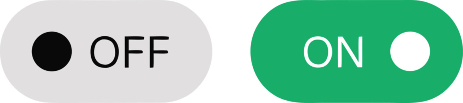 Modern mobile toggle switch buttons in on and off states with clear label text and color indicators for user interface and settings menu design