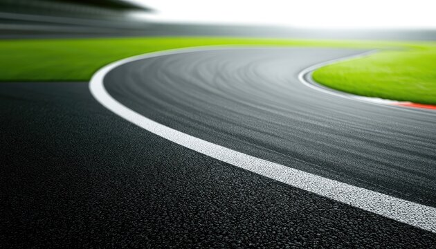 A curving asphalt racetrack with green grass edges under a bright, blurred sky