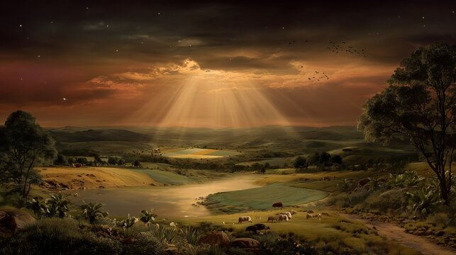 Beautiful visualization of the biblical creation story showing light, land, water, and life in a vast landscape at sunset time