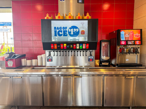 Mesa, Arizona - May 26, 2026: Inside a Burger King fast food restaurant, view of the self serve soda pop fountain