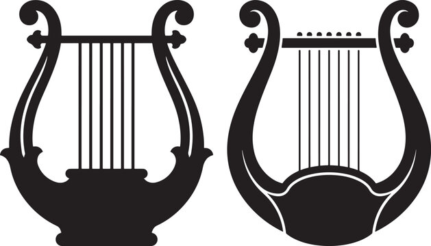 Two decorative lyre musical instruments in black vector silhouette isolated on white background with instrument classical silhouette