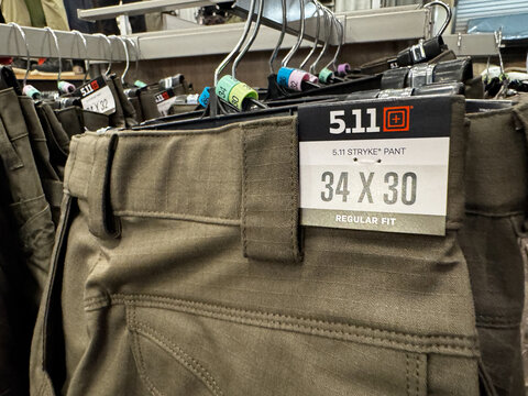 Chandler, Arizona - May 30, 2026: 5.11 Tactical brand Stryke Pants, sold at a Scheels sporting goods store