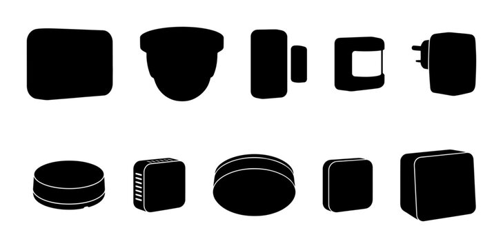 Collection of everyday object silhouettes featuring electronics, bags, glasses, cups, cameras, headphones, and lifestyle items