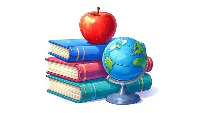 A colorful illustration of a stack of books with a globe and an apple