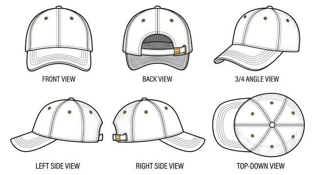 Baseball Cap Technical Flat Vector &ndash; 6 Angle Grid Layout Apparel Mockup Black & White