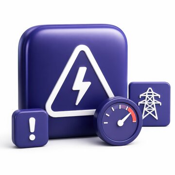 3D electricity warning icons with power outage symbol and grid meter on purple blocks