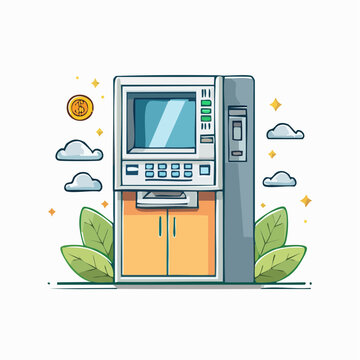 ATM Machine with Bitcoin Symbol and Clouds