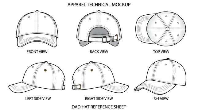 6 View Cap Mockup Vector Illustration &ndash; Dad Hat Front Back Side Top 3/4 Black White