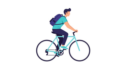 Obraz premium Flat Vector Illustration of a Young Man with Backpack Riding a Bicycle - Eco-Friendly Urban Commuter and Active Lifestyle Concept