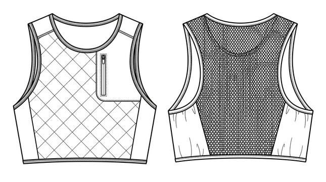 Running Vest Flat Vector Illustration &ndash; Quilted Insulation Open Mesh Panel Clean Linework