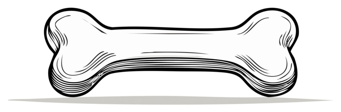 Illustrated dog bone in black and white, drawing style.