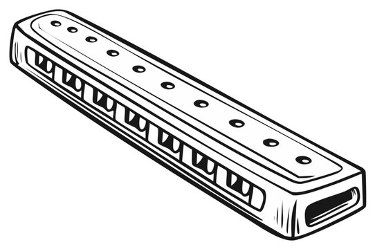Black and white cartoon illustration of a harmonica music instrument