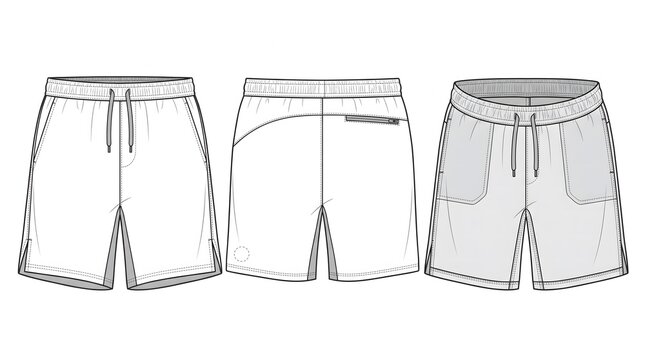 Vector CAD flat lay, men's 7-inch running shorts, side split hem, zippered back pocket, elastic waistband with internal drawcord, front back view, clean technical illustration, apparel spec sheet styl