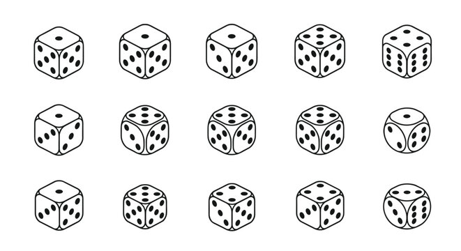 Comprehensive set of various dice showing different numbers and perspectives in a clean black and white line art style.