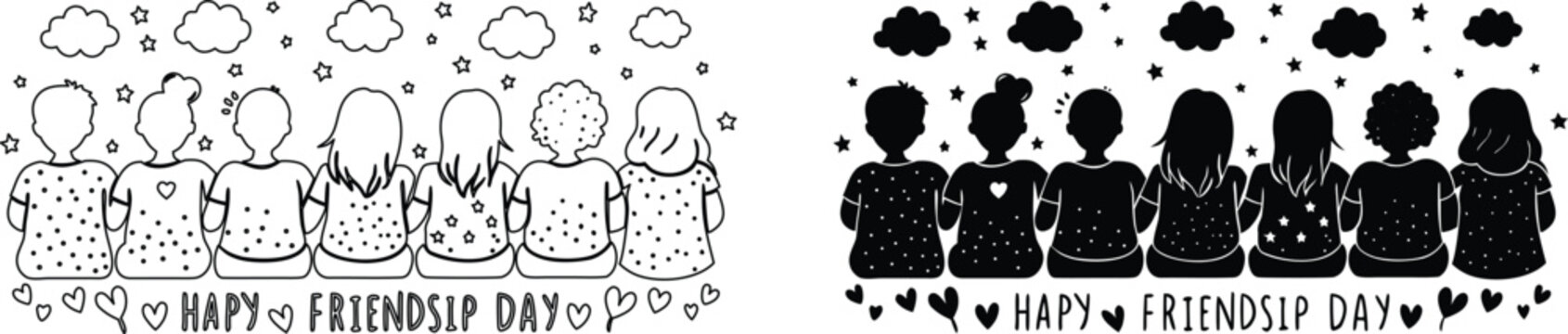 Diverse group of friends celebrating friendship day illustration with clouds and stars outline and silhouette.