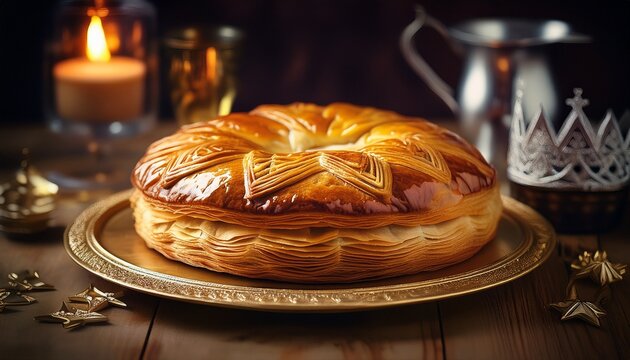 galette des rois on wooden table traditional epiphany cake in france