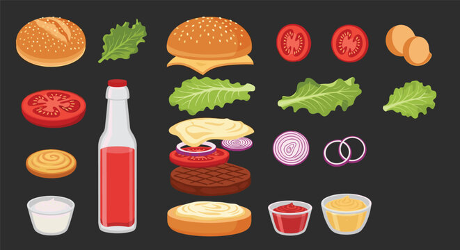 Deconstructed hamburger components showing buns, lettuce, tomato, onion, meat patty, sauces, and condiments for a custom meal.
