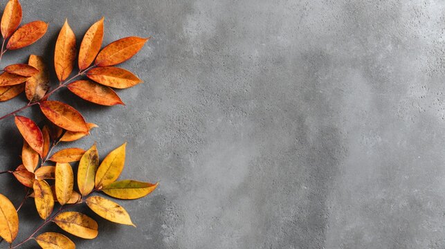 A clean flat lay with leaves positioned in the top-left corner of a gray cement background with wide margins