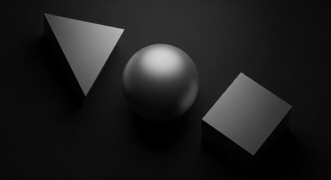 Geometric shapes in a minimalist composition a triangle, a sphere, and a cube, on a dark background, illustrating fundamental forms in design and geometry