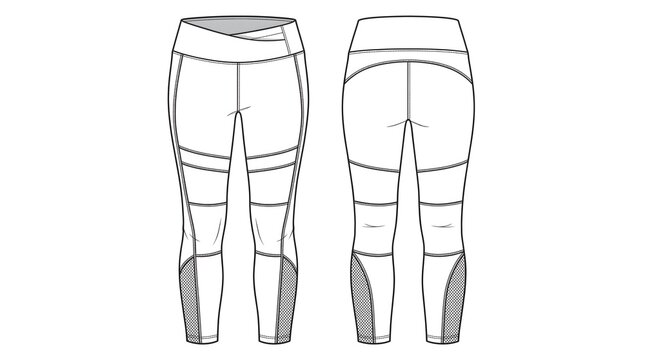 Women's High Waist 7/8 Training Tights Technical Flat CAD &ndash; Front Back View Compression Panel Vector