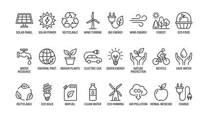 Fototapeta premium Collection of Eco Friendly and Sustainable Living Icons Showcasing Renewable Energy Green Technology and Conservation Concepts