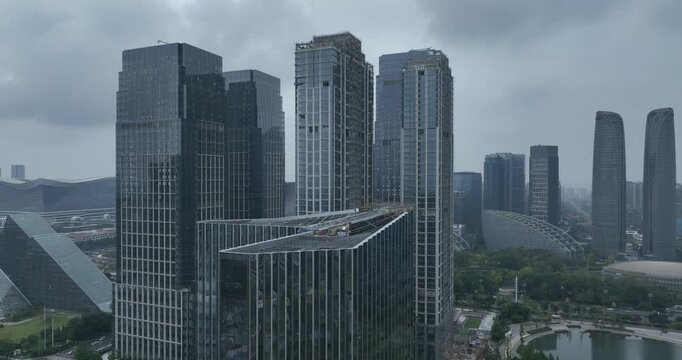 Aerial footage of construction site of modern office buildings in Chengdu city, China