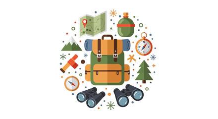 Fototapeta premium Camping and Hiking Gear Flat Illustration, Outdoor Adventure Equipment with Backpack, Map, Binoculars and Compass Icons, Travel and Exploration Concept on White Background