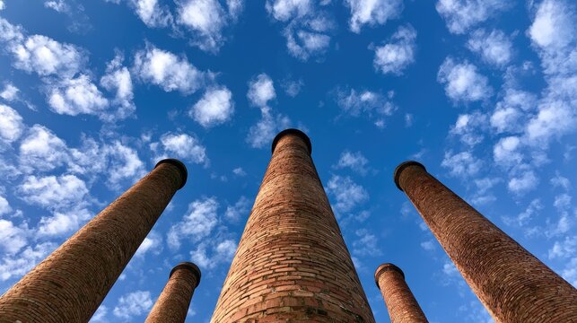 Towering brick smokestacks reach towards a vibrant, cloud-streaked blue sky