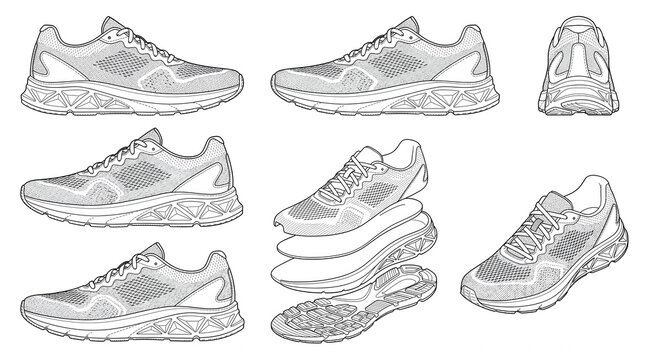 Sneaker Technical Flat Spec Sheet &ndash; Cross Trainer Lateral Medial Top Bottom CAD Vector