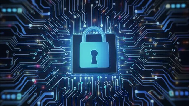Glowing padlock symbolizing cybersecurity, encryption, and digital protection within interconnected circuitry network emphasizing secure communication and information safety